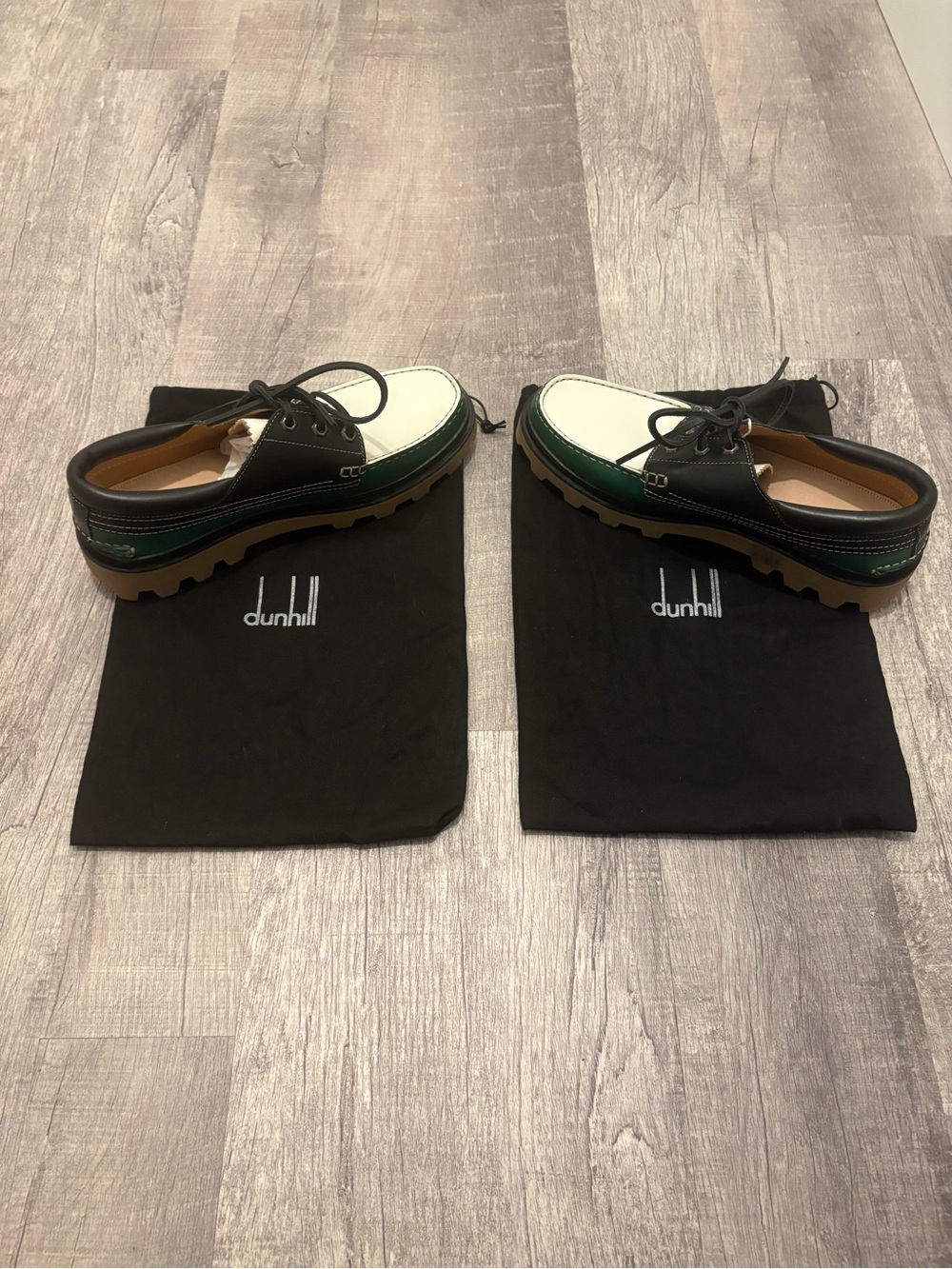 Dunhill Italian Leather Boat Shoes Black White Green Size 10 (EU 43) Dust Bag